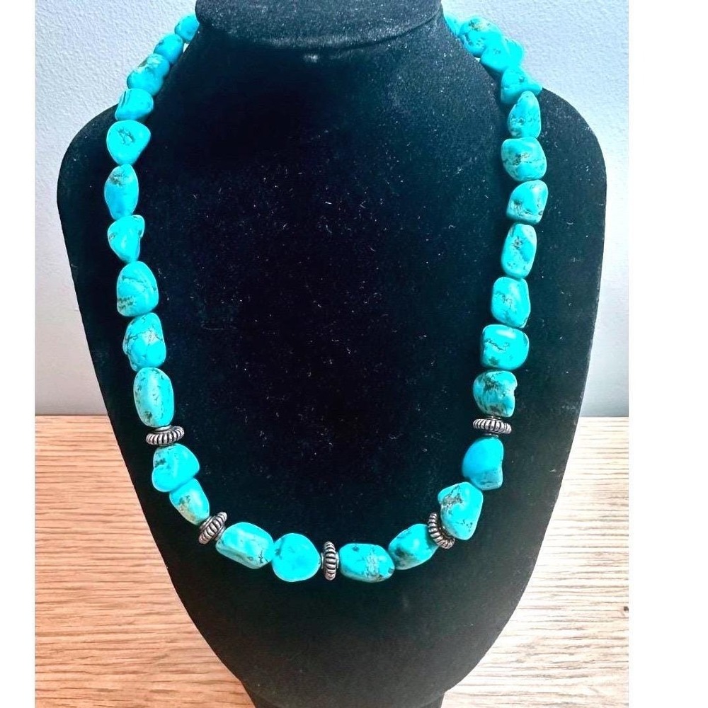 Turquoise Nugget Bead Necklace Silver Spacer Southwestern Style 17"